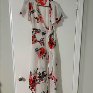 Floral Wrap Dress - White and Red